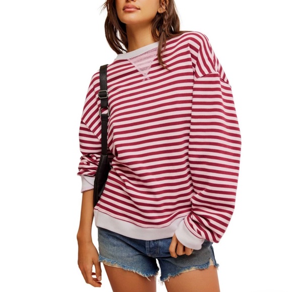 We The Free Tops - 🌸NWOT Free People Classic Stripe Oversized Crewneck. Raspberry/Pink/Lavender